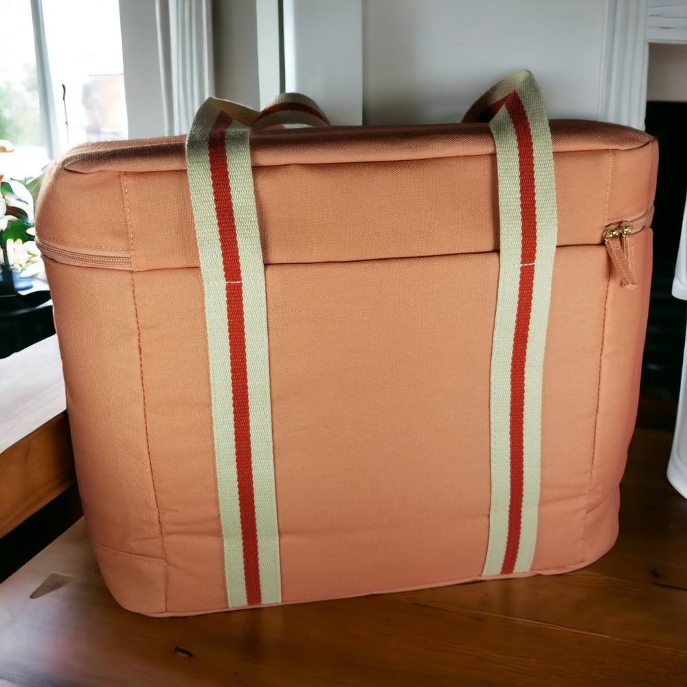 L*SPACE Coastal Cooler Bag NWT Pink Coral Insulated Beach Picnic Tote Red Stripe - Picture 5 of 8